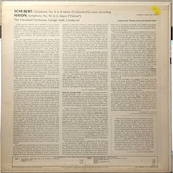 George Szell LP Schubert: Unfinished Symphony No. 8 / Haydn: Oxford Symphony 92 - Picture 2 of 4